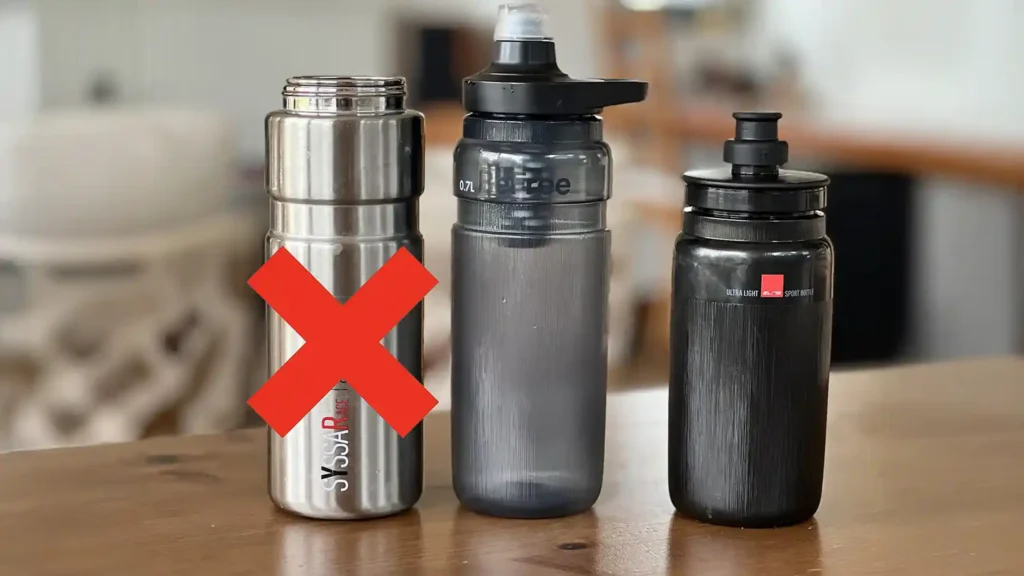 Katadyn BeFree AC filter bottle shown alongside compatible and incompatible cycling bottles.