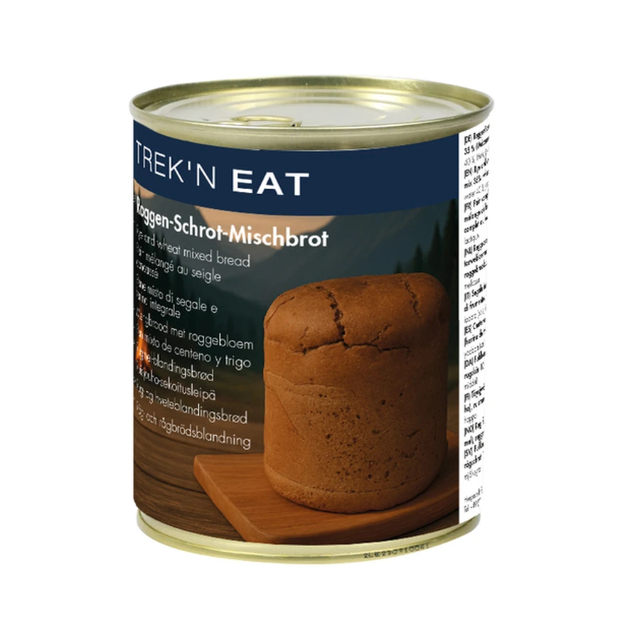 Trek-n-Eat-Rye-and-Wheat-Mixed-Bread-400g-front-Lyocorner Trek'n Eat Rye and Wheat Mixed Bread tin with whole loaf, 400 g